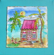 Bajan Chattel House, Painting 8"x 8" on Brass Stand