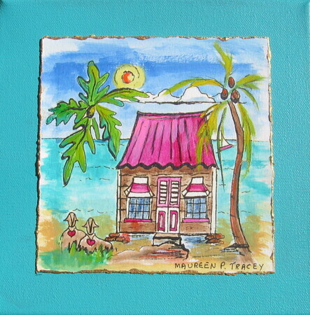 Bajan Chattel House, Painting 8"x 8" on Brass Stand  SOLD