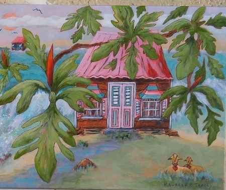 Chattel House & Sheep, #1, 14"x 18", Acrylic on Canvas