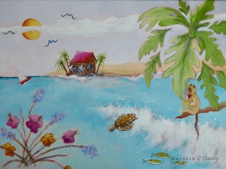 Monkey at Lunch,  9"x 12", Acrylic on Canvas