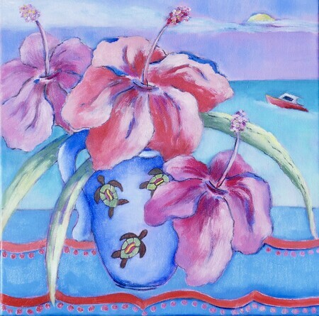 View from a Bajan Window Series:  3 Pink Hibiscus in Turtle Vase, 12"x 12", Oil on Canvas