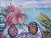 View from a Bajan Window:  Hhibiscus & Monkey Pot   18"x 24"   Oil on Canvas