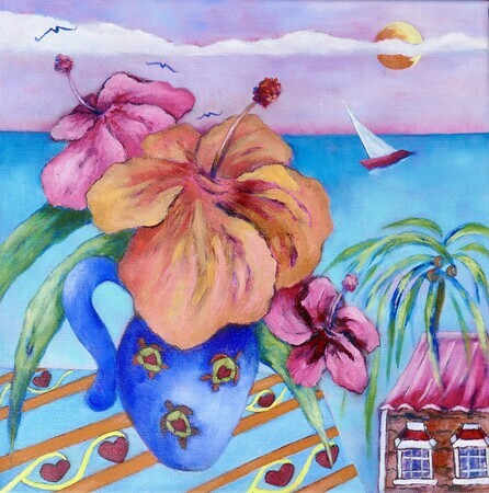 View from a Bajan Window Series:  Hibiscus & Chattel House, 12"x 12", Oil on Canvas