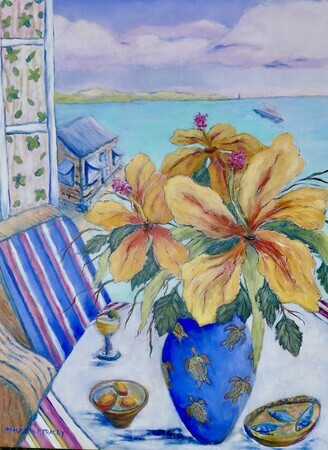 View from a Bajan Window Series:  Hibiscus in a Turtle Vase, 24"x 18", Oil on Canvas