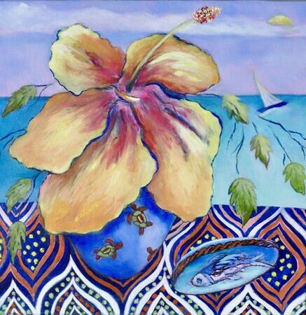 View from a Bajan Window Series:  Large Yellow Hibiscus in Turtle Vase,  12"x 12", Oil on Canvas