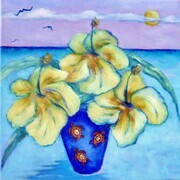 View from a Bajan Window Series:  Yellow Hibiscus in Turtle Vase, 12"x 12", Oil on Canvas
