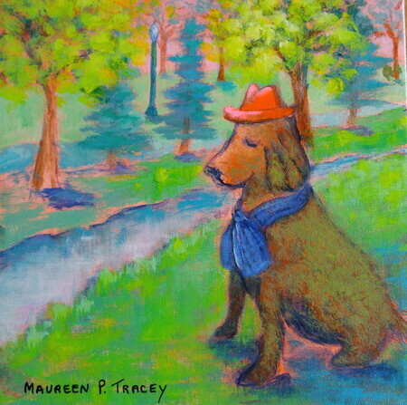 'Canine Plant Sculpture in the Park', 10"x 10", Acrylic on Canvas  SOLD